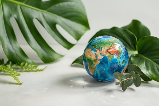 Crystal world globe resting on a stone surface surrounded by large tropical palm leaves with tropical environment sustainability conservation protection earthday environmental botanical