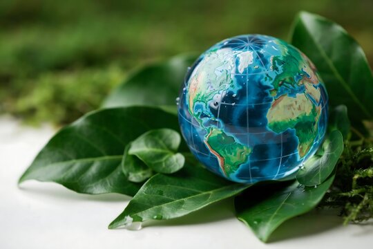 Crystal earth globe resting on lush green leaves representing environmental conservation with environment conservation sustainable sustainability preservation biosphere earthday protection