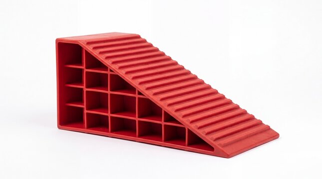 Bright red plastic vehicle wheel chock for heavy duty automotive safety equipment on white background