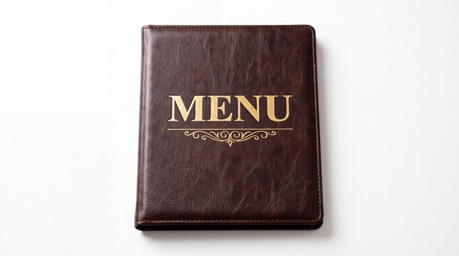 Brown leather restaurant menu book featuring gold embossed typography and decorative swirls placed on white background