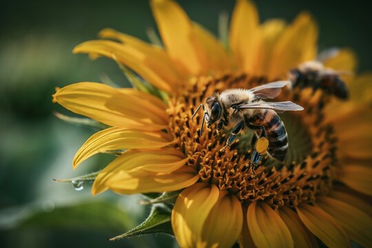 Honey bee collecting nectar on a blooming yellow sunflower with sunflower pollination honeybee wildlife close-up environment agriculture sunlight entomology outdoors gathering