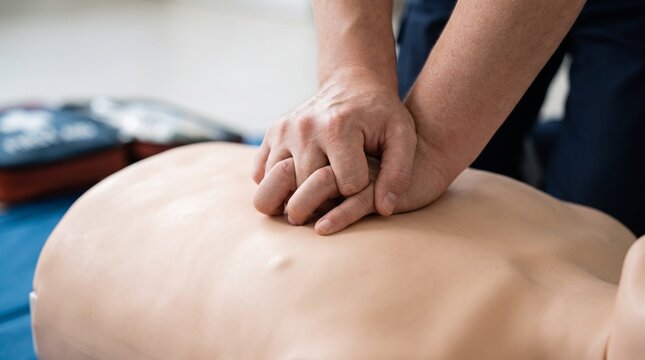 Close-up of hands performing vital CPR on a medical training dummy, emphasizing essential life-saving first aid techniques for emergency preparedness and health education