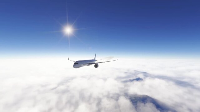 Commercial Jet Flying Above Clouds in Blue Sky.
