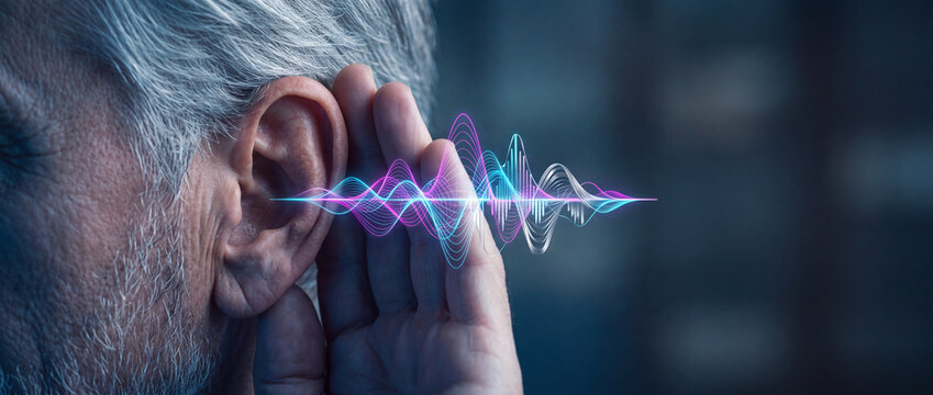 Senior man cupping ear to listen with digital sound wave frequency visualization, conceptualizing hearing technology, audio perception, and sensory health on a dark background.