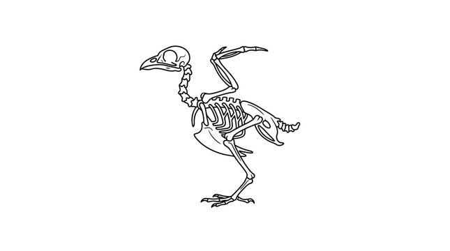 Industrial Black and White Line Drawing of Bird Skeleton with Detailed Anatomy for Scientific or Educational Use