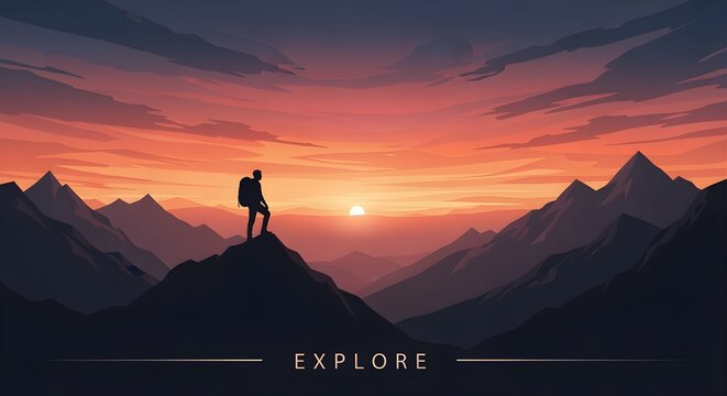 A vivid, atmospheric reinterpretation of minimalist composition: single hiker silhouette against dramatic orange and pink sunset sky on mountaintop, inspirational adventure poster, written with richer