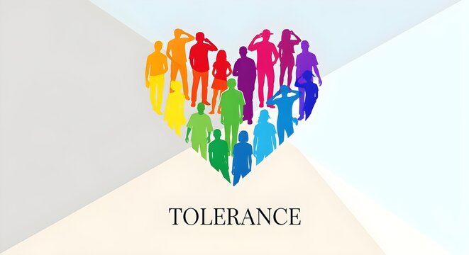 A vivid, atmospheric reinterpretation of minimalist poster design: human silhouettes in rainbow colors forming a heart shape, abstract modern background, inspirational message for tolerance, written w