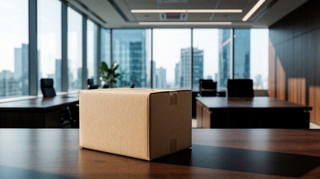 Cardboard box sits on a desk in a modern office with city view windows. Empty container ready for shipment or storage. Business logistics and moving concept.