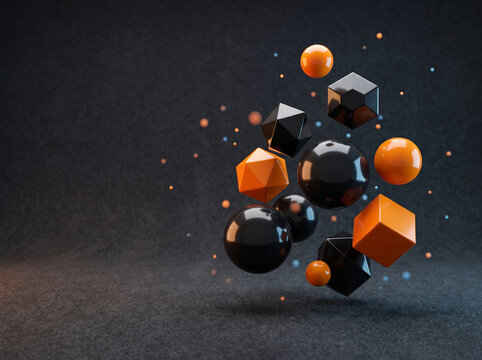 Abstract 3D render of geometric shapes and spheres floating in a dark environment with glowing particles.