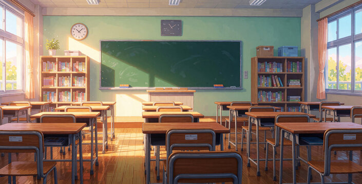 Empty anime style classroom with desks and blackboard. Sunlight streams through windows illuminating rows of wooden student chairs. Bookshelves line the walls.