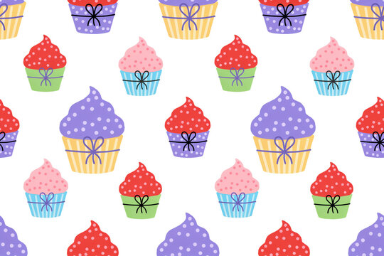 Seamless pattern featuring colorful cupcakes with polka dot frosting and bows isolated on a transparent background