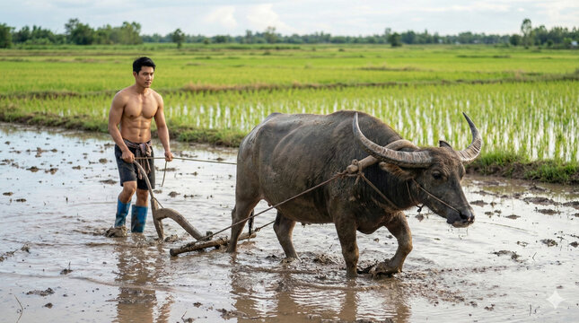 Thai male farmer plowing muddy rice paddy field with water buffalo