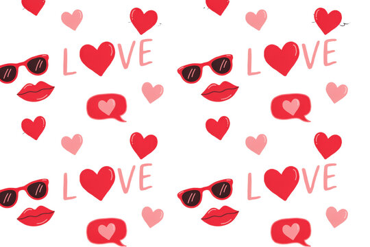 Seamless pattern featuring red hearts, pink lips, sunglasses, and the word love on a white background, isolated on a, transparent background