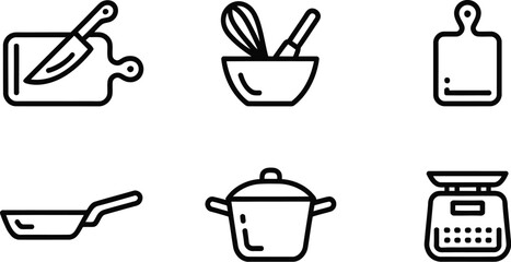 Obraz premium Kitchenware line art icon set featuring cutting board knife mixing bowl whisk skillet frying pan cooking pot and food scale.