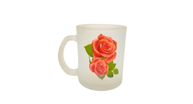 Frosted glass coffee mug with red rose floral print isolated transparent background png
