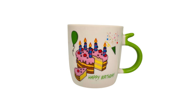 Ceramic birthday mug with festive cake graphic isolated on transparent background png