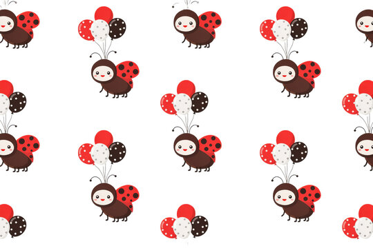 Seamless pattern featuring cute cartoon ladybugs holding bunches of red, white, and polka dot balloons isolated on a transparent background