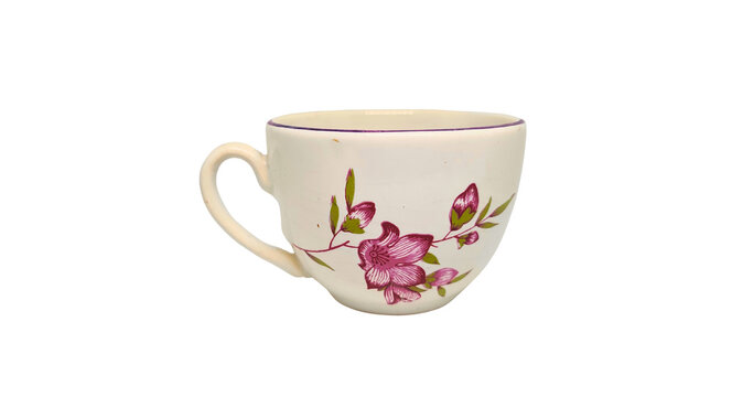 Vintage ceramic tea cup with purple floral design isolated on transparent background png