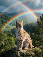 Obraz premium Eurasian lynx sits on mossy rock in forest mountains. Double rainbow arches over green landscape, trees. Wild cat looks away in fantasy nature scene. Beautiful predator rests on mountain overlook