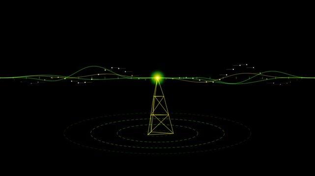 Glowing Yellow Antenna Tower Emitting Digital Wireless Signal Waves On Dark Black Background Loop