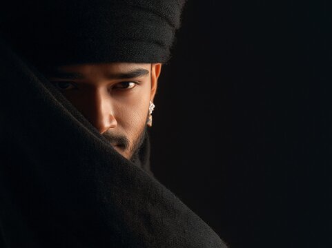 Close portrait of an indian royal man with half face hidden behind dark fabric in mysterious lighting