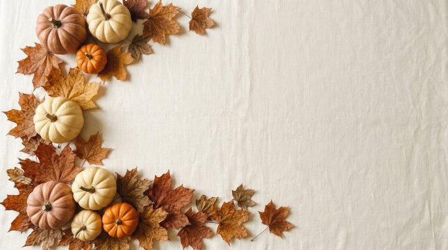 Beautiful border of small pumpkins and maple leaves on neutral beige linen fabric background for fall holiday events.