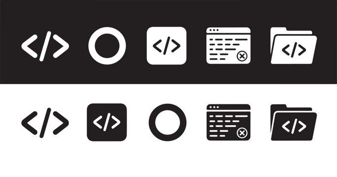 Black and white coding icons representing programming languages and development processes for applications.