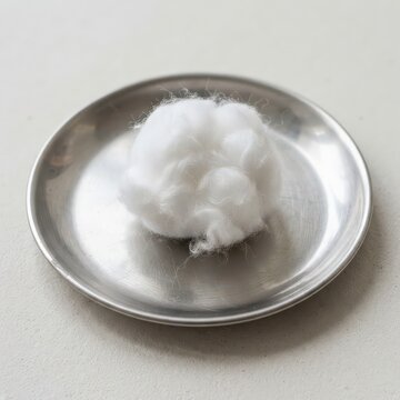 Close-up view of a cotton ball resting on a smooth metal dish with clear lighting and sharp focus throughout the scene
