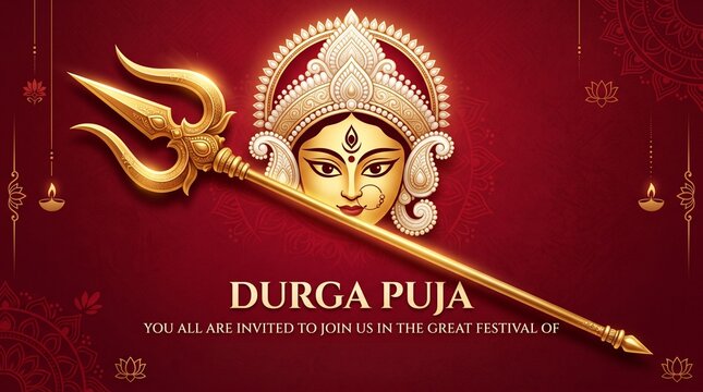 Durga puja invitation with goddess durga and trishul