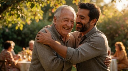 Fototapeta premium Senior father, adult son share emotional hug during outdoor family party. Happy men embrace with love in garden. Mature man smiles hugging younger male relative at backyard celebration. People enjoy
