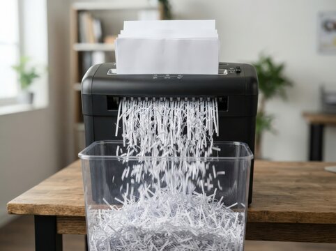 Paper shredder with fine paper strips falling in a bright, well-lit office setting