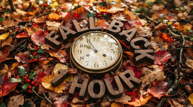 Fall back one hour concept with vintage clock surrounded by autumn leaves