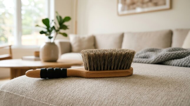 Handheld cleaning brush with natural bristles rests on linen sofa cushion for dusting.