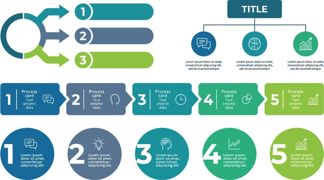 Collection of multipurpose business infographics featuring process flows organizational charts and numbered steps.