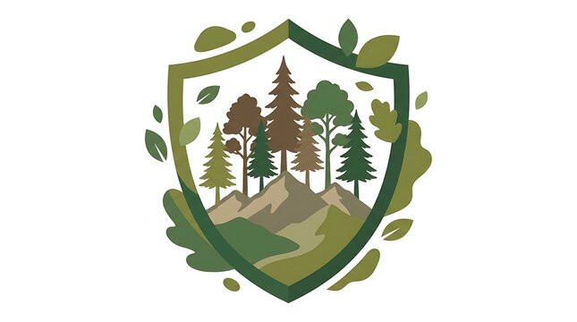 Green nature shield icon with pine trees and mountain landscape design for environmental protection and eco friendly branding logo concept illustrating natural forest preservation and safety