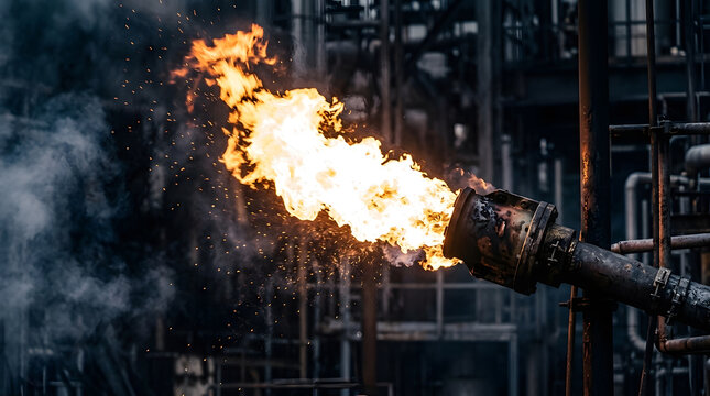 Industrial Gas Flare Stack Burning Flammable Gas | Chemical Plant Flame Emissions | Refinery Gas Combustion Pipe