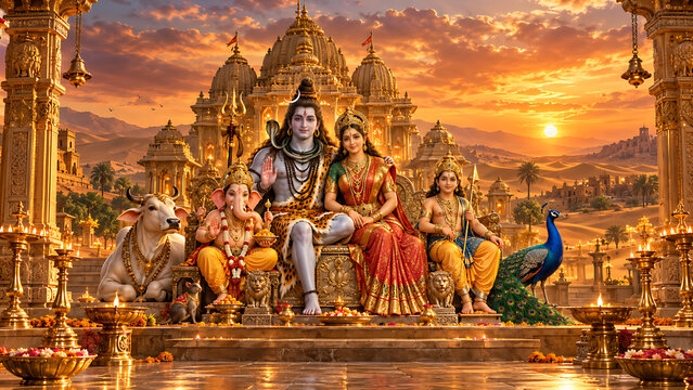 Shiva Parivar Lord Shiva Goddess Parvati Lord Ganesha Lord Kartikeya Nandi Mushak Peacock Divine Hindu Family Festival Celebration