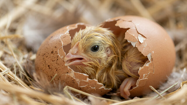 Newborn chick hatching from a brown eggshell in a straw nest with soft natural lighting