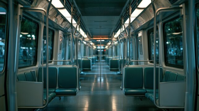 Empty modern subway train interior with rows of green seats and reflective floor inside public transportation at night