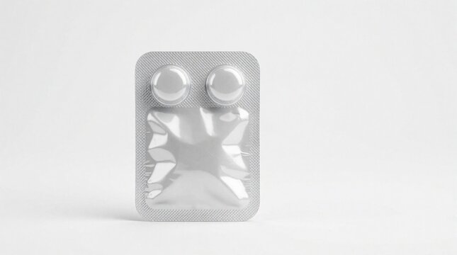 Silver blister pack mockup with two round compartments and crumpled foil backing. Isolated on a clean white studio background. Ready for product placement.