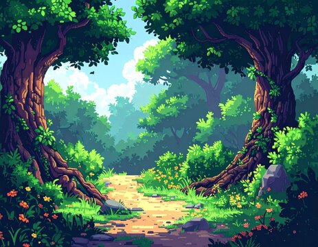 Pixel Art Forest Landscape with Big Ancient Trees Retro 8 Bit 16 Bit Game Background Woods Nature