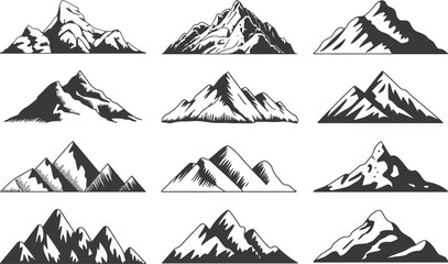 Fototapeta premium Set of twelve hand drawn mountain with detailed shading, rugged rocky textures, and sharp peaks isolated on white background