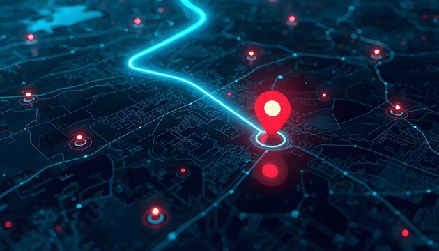 Digital map visualization with a glowing navigation route and red location pin on a dark background
