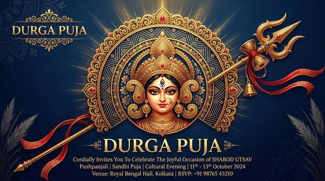 Durga puja celebration invitation card with goddess durga illustration