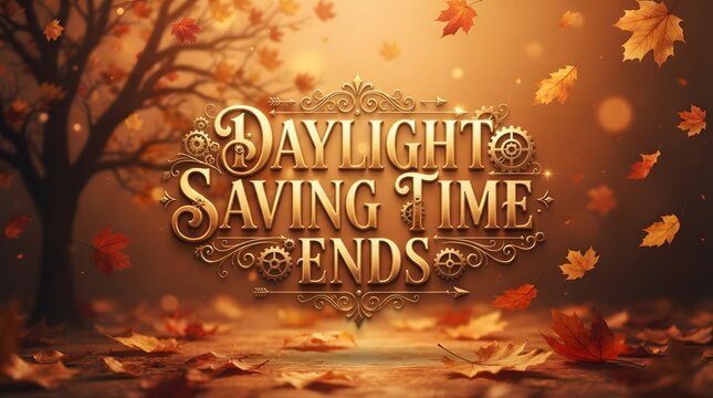 Daylight saving time ends typography with golden gears and autumn leaves, elegant seasonal concept for fall time change