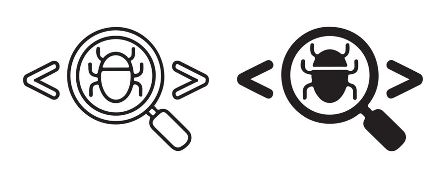 Software bug code testing outline and filled icons vector illustrations for software quality assurance.