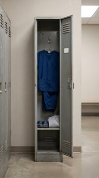 View of a tall locker with hanging scrubs in a well-lit changing area