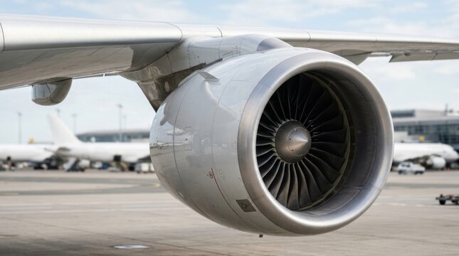 Closeup of powerful jet engine on airplane wing at airport tarmac.