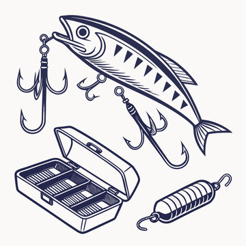 Fishing gear set including a lure with treble hooks, a tackle box, and a sinker, black and white line on white background