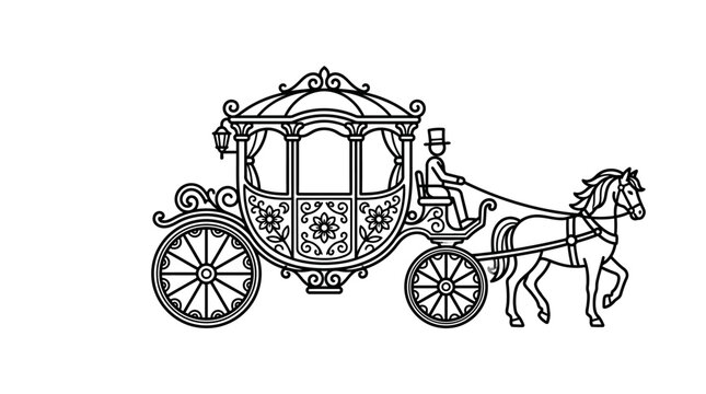 Clean Black and White of an Elegant Horse Drawn Carriage with Coachman in Top Hat with high quality professional line art symbols for modern creative design and digital branding projects